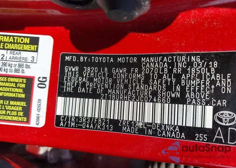 2018 Toyota Corolla Le из США, поврежденный, VIN 2T1BURHE2JC074660